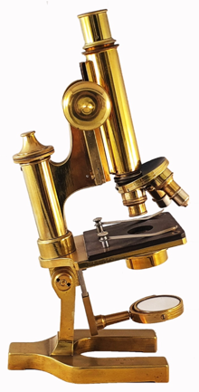 A close-up of a gold microscope
Description automatically generated