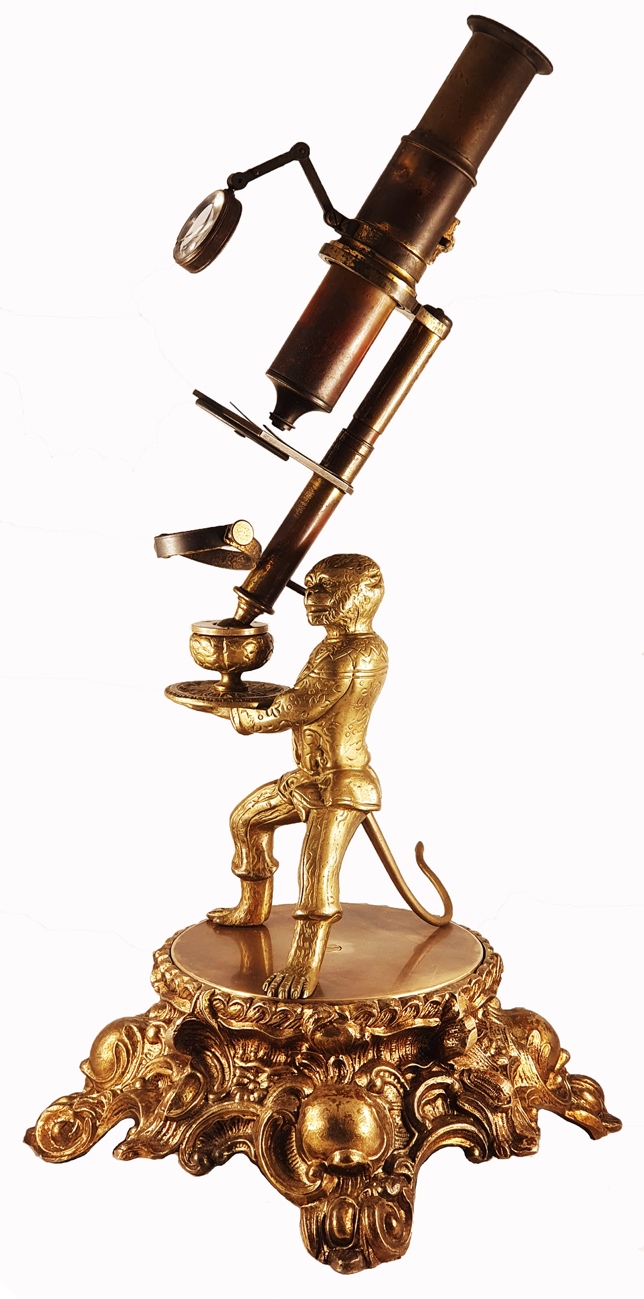 Microscope Statue A gold statue of a monkey holding a microscopeDescription automatically ...